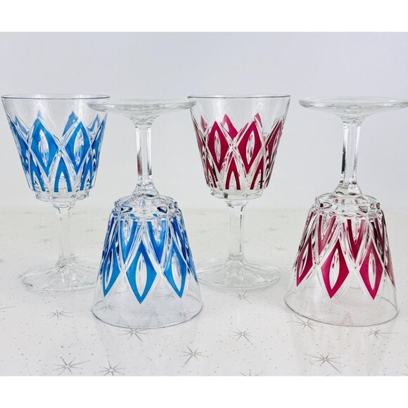 Vintage 1950s wine glasses, VCM Reims French cups, Harlequin pattern, set of 4 - Picture 1 of 9